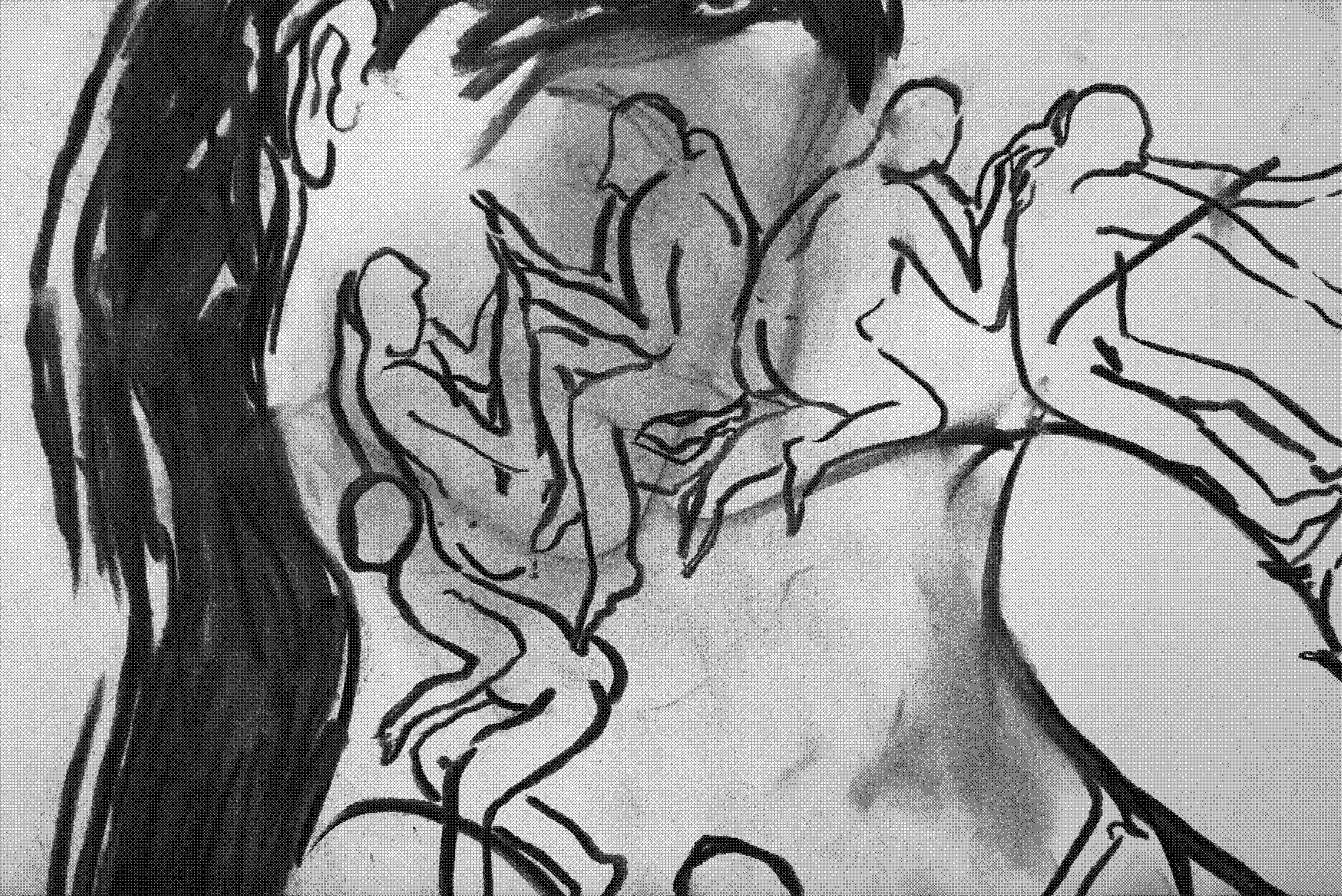 close up of a charcoal drawing, a large figure with long hair has a chain of smaller naked figures crawling over their featureless face